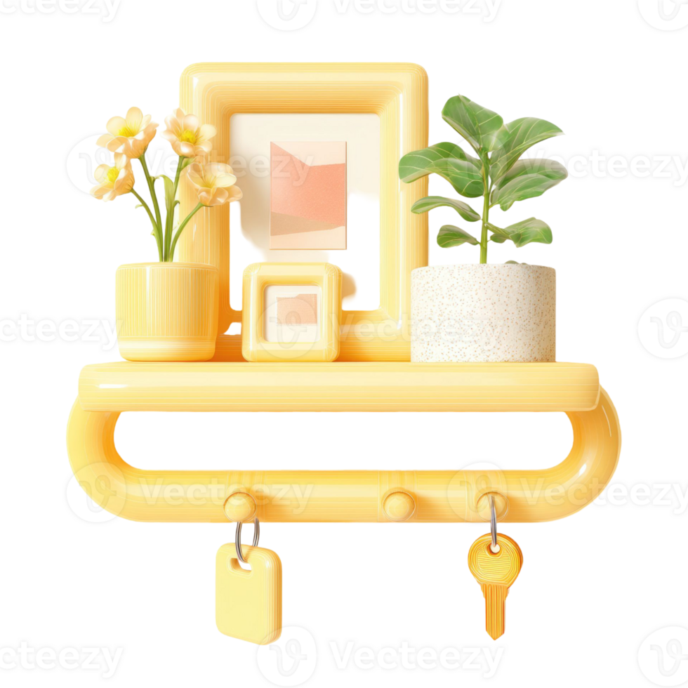Yellow 3D Rendered Shelf with Plants Picture Frame and Keychains Isolated on Transparent Background png