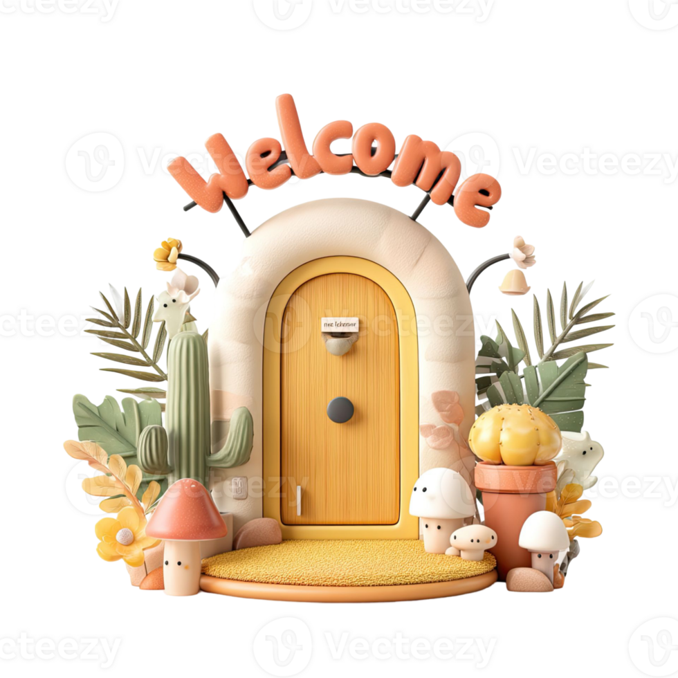 Whimsical 3D Welcome Sign Featuring Cartoon Door Cactus and Autumnal Decorations on Transparent Background png