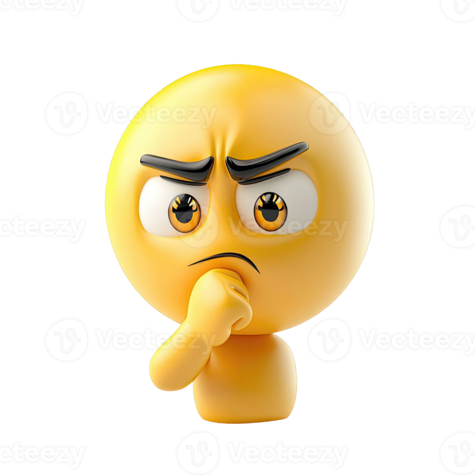 Yellow Emoticon Displaying Thoughtful Expression with Hand on Chin Against Transparent Background png