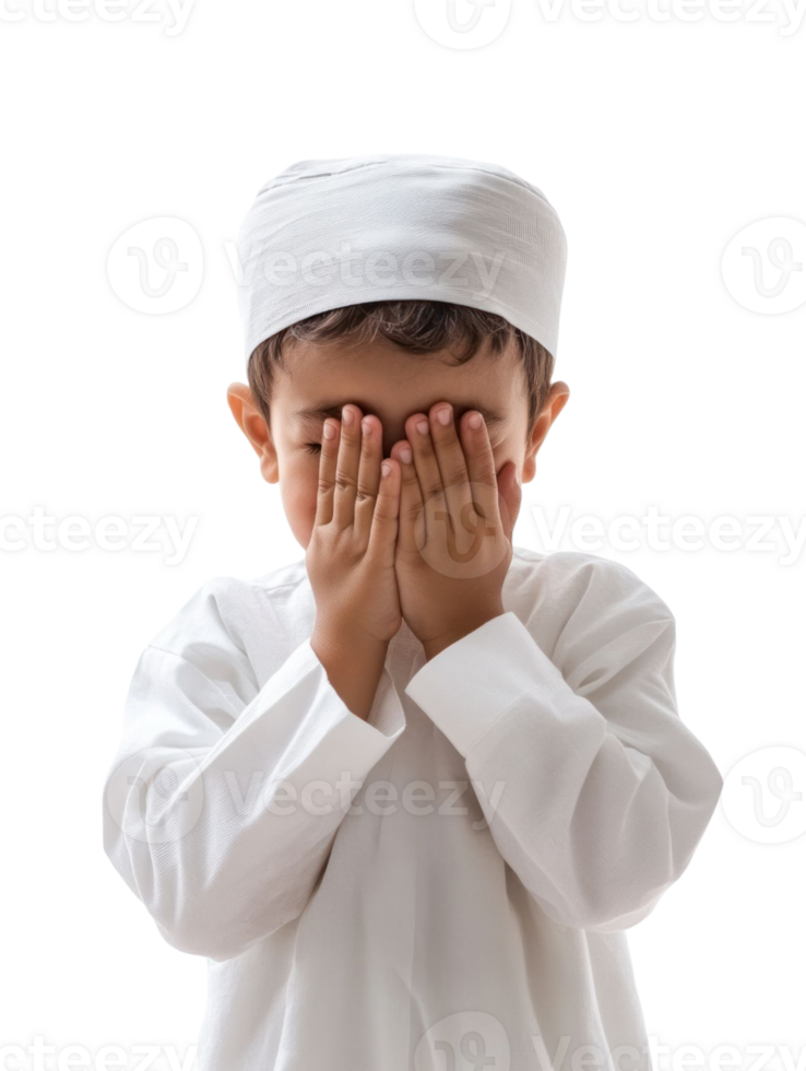 Young Boy In White Traditional Attire Covering Eyes With Hands Isolated On Transparent Background png