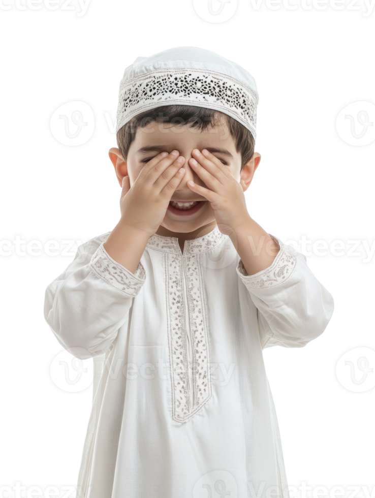 Young Boy in White Traditional Attire Covers Eyes with Hands Smiling with Transparent Background png