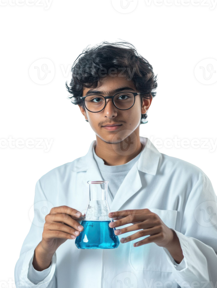 Young Man Wearing Glasses In White Lab Coat Holds Conical Flask With Blue Liquid On Transparent Background png