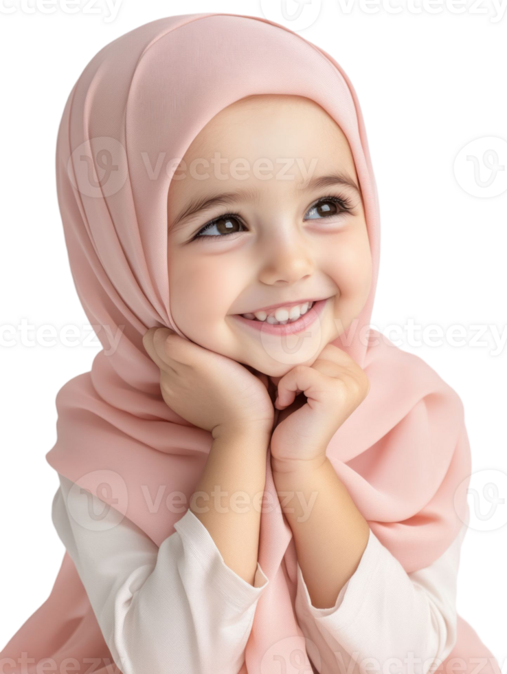 Young Girl Smiling And Wearing Pink Hijab With Upward Glance On A Transparent Background png