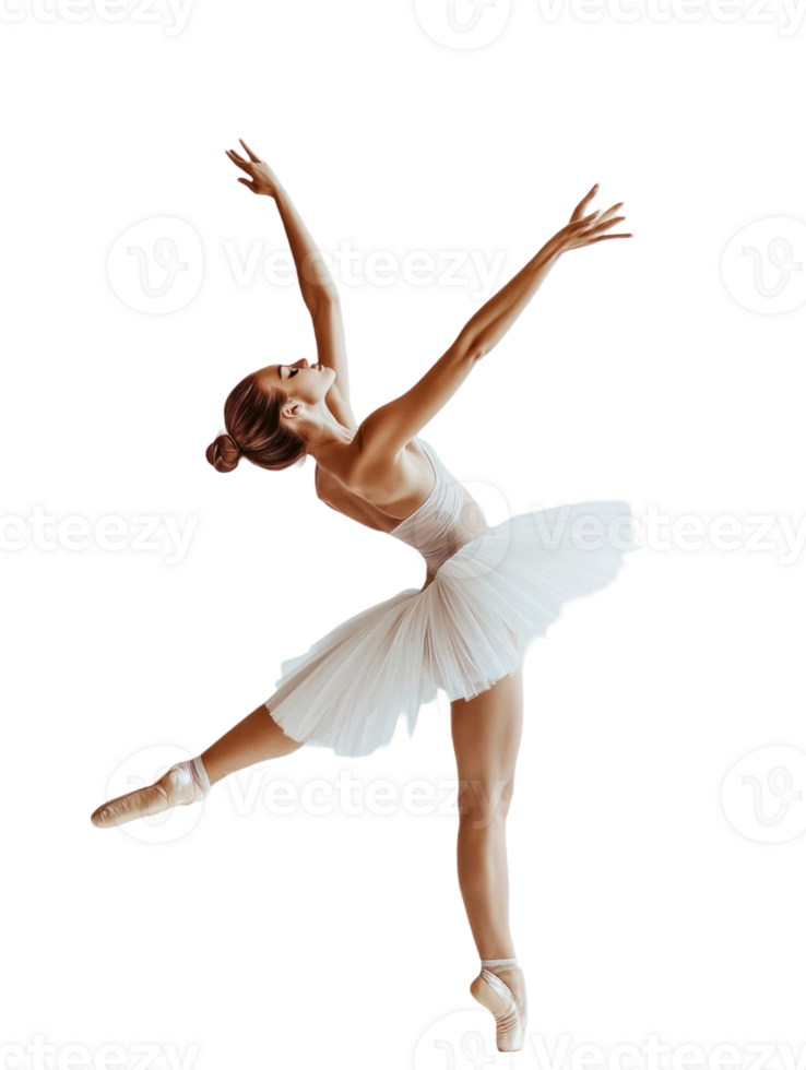 Ballet Dancer in White Tutu Performing with Raised Arms on Transparent Black Background png