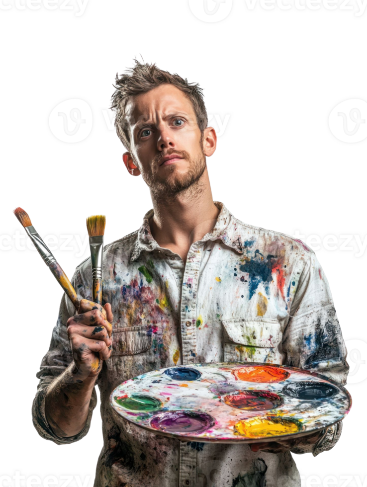 Thoughtful Male Artist with Paintbrushes and Palette in a Splattered Shirt on Transparent Background png
