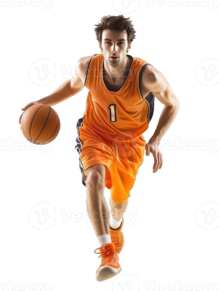 Basketball Player In Orange Uniform Dribbling Ball Towards The Camera With Transparent Background png