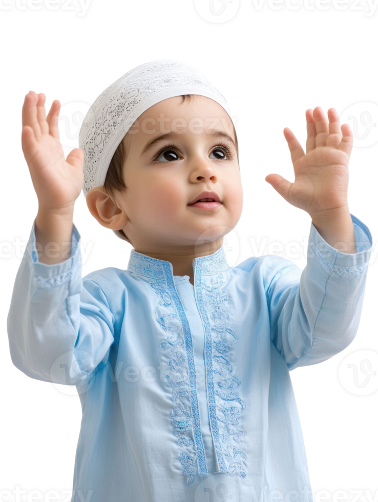 Young Muslim Boy in Traditional Attire with Raised Hands Praying in Prayer Position with Transparent Background png