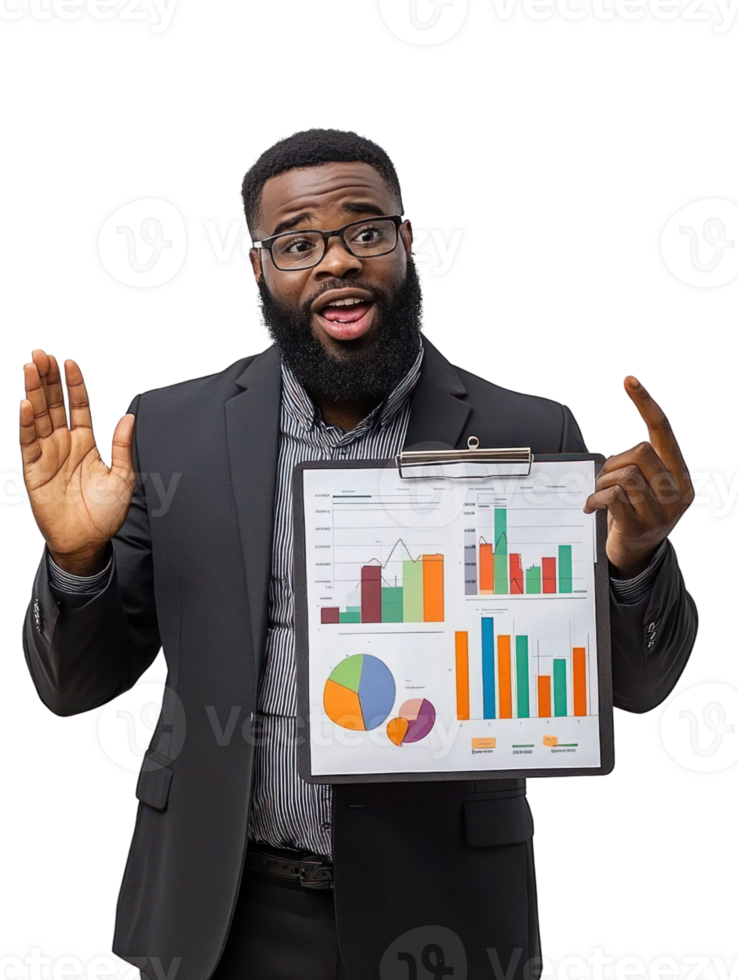 Black Businessman Presenting Charts And Graphs On Clipboard With Transparent Background Showing Data Analysis png