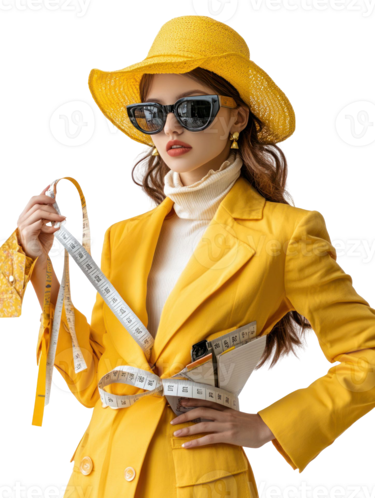 Young Woman in Yellow Suit and Straw Hat Posing with Measuring Tape against Transparent Background png