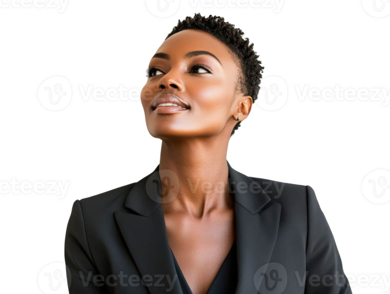 Confident Black Woman in Black Blazer Looking Up Against Transparent Background Studio Shot png