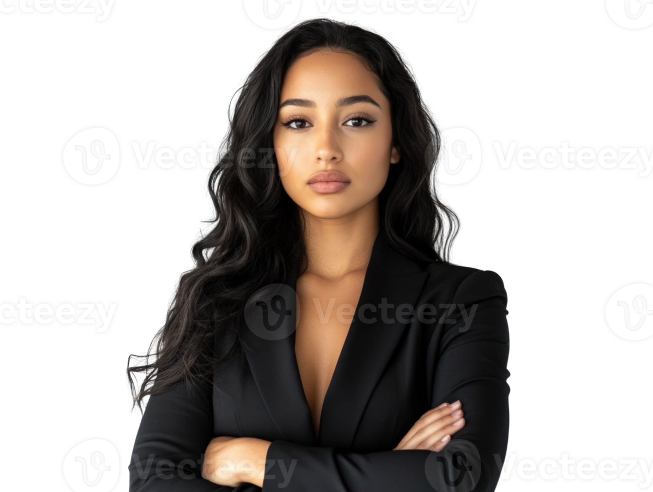Confident Young Woman Portrait in Black Blazer with Crossed Arms and Serious Expression Isolated on Transparent Background png