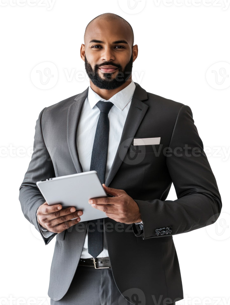 Confident Businessman Portrait In Formal Suit Holding Digital Tablet Against Transparent Background png