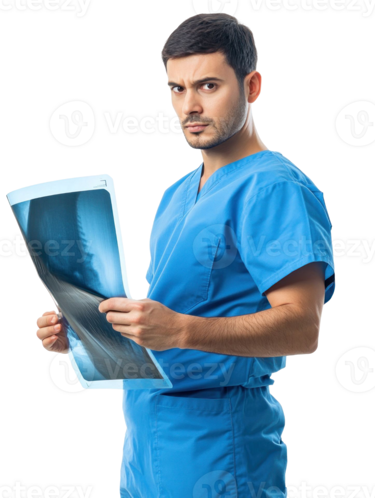 Concerned Doctor in Blue Scrubs Examining X-Ray with Focused Expression Isolated on Transparent Background png