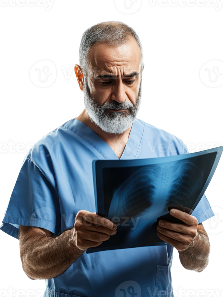 Concerned Doctor in Blue Scrubs Analyzing Chest X-Ray on Transparent Background png