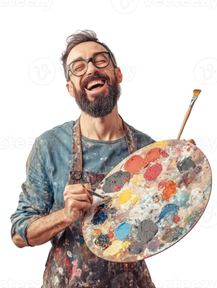 Cheerful Artist With Beard And Glasses Holding A Paint Palette Smiling On Transparent Background png