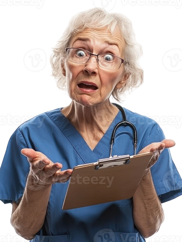 Concerned Elderly Healthcare Professional Holding Clipboard Isolated with Worried Expression on Transparent Background png