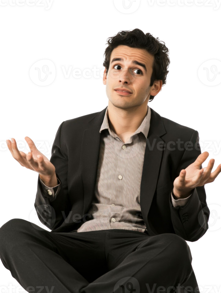 Confused Man Gesturing With Open Hands Wearing Suit Jacket With Patterned Shirt against Transparent Background png