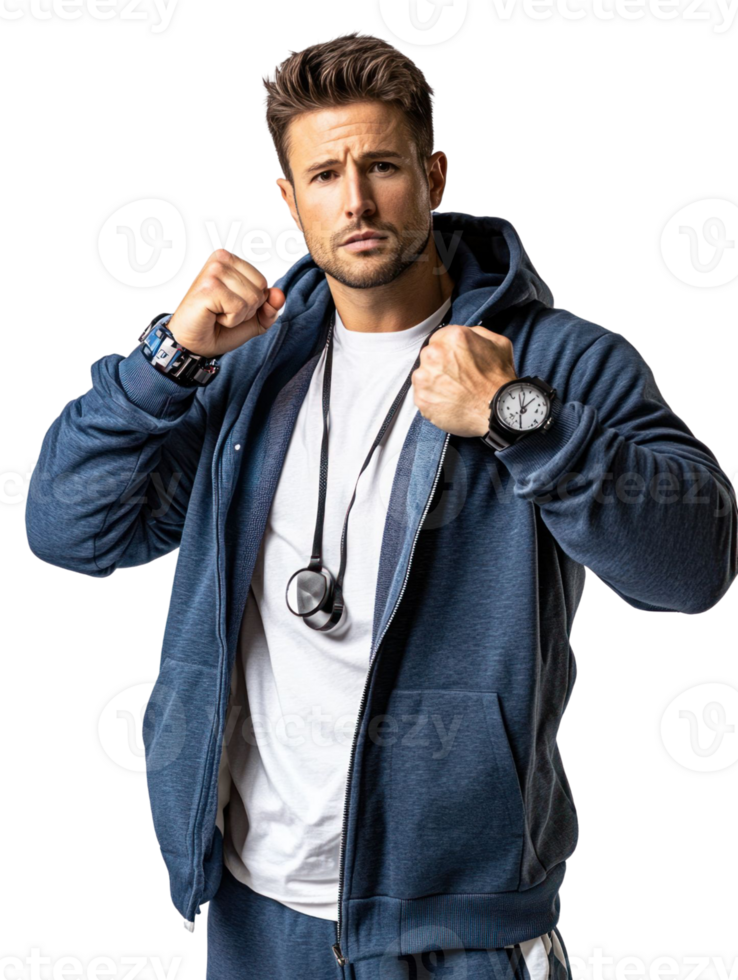 Confident Man in Blue Hoodie Wearing Stethoscope Against Transparent Background for Medical Healthcare Concepts png