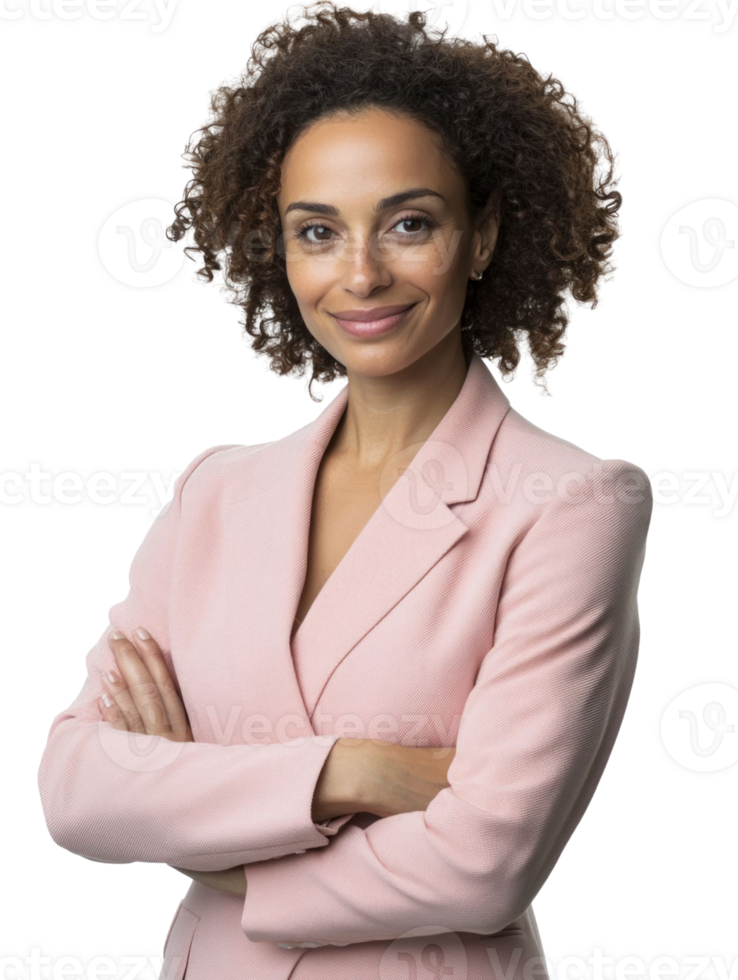 Confident Woman in Pink Blazer Smiling with Arms Crossed against Transparent Background Portrait png