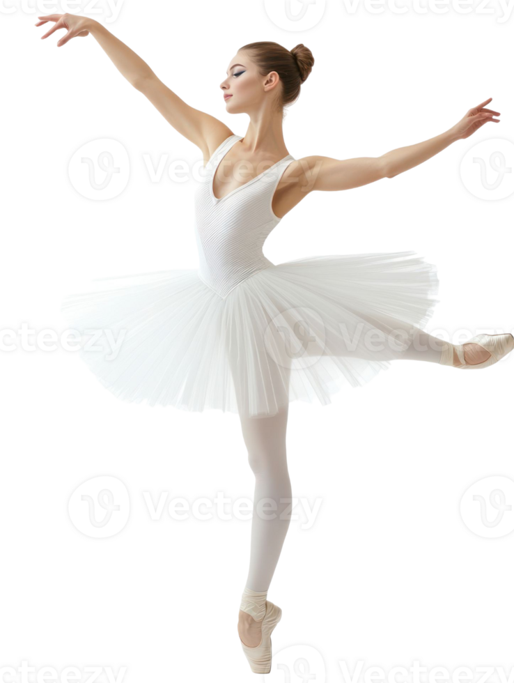 Graceful Ballerina in White Tutu Dances with Arms Raised against Transparent Background png