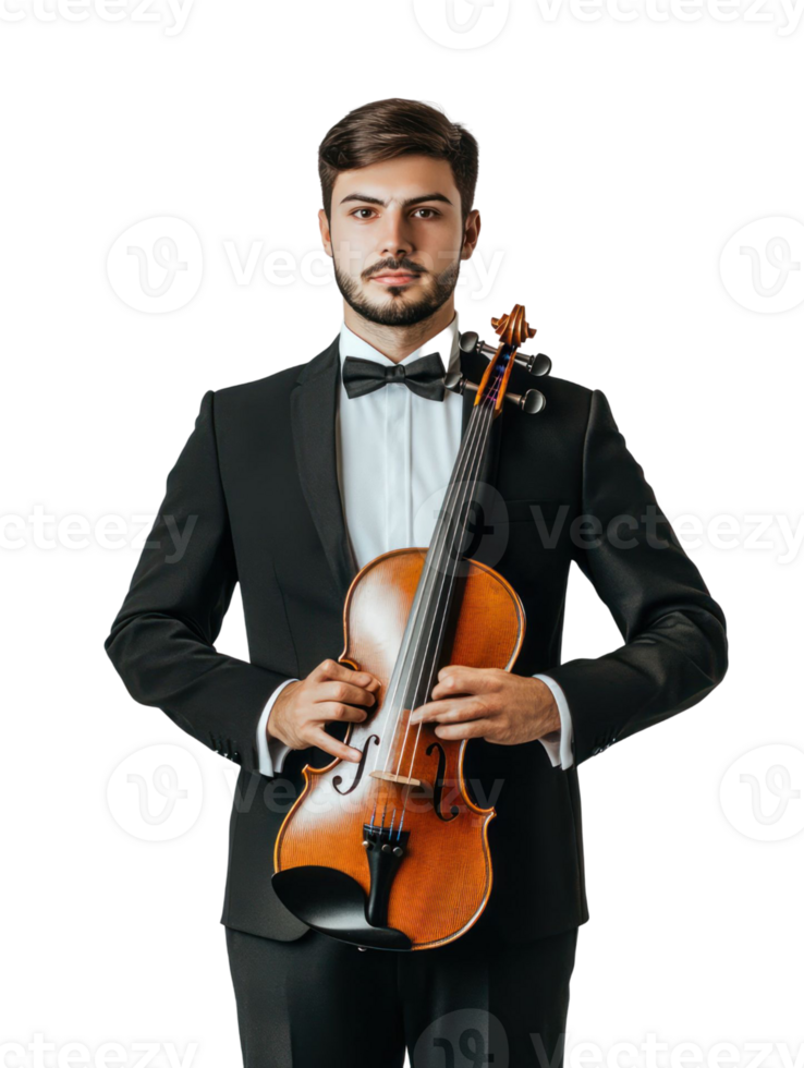 Formal Portrait Of A Handsome Man Holding A Violin Against Transparent Black Background png