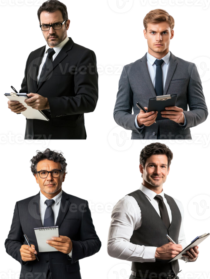 Four Business Professionals in Suits Holding Clipboards on a Transparent Background Showing Corporate Attire png