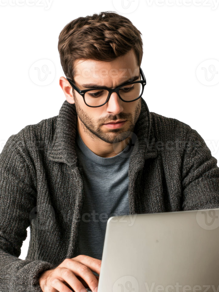 Focused Man With Glasses Typing On Laptop Wearing Gray Sweater With Transparent Background png