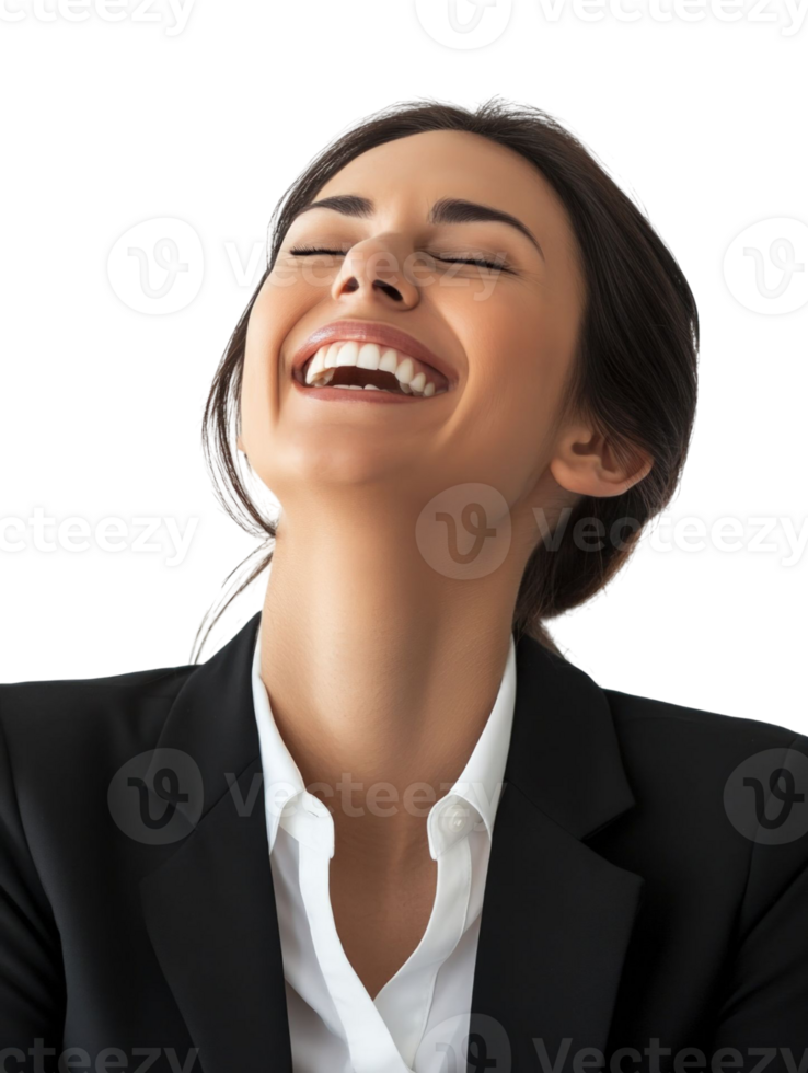 Joyful Woman in Black Suit Laughing with Eyes Closed Isolated on Transparent Background png
