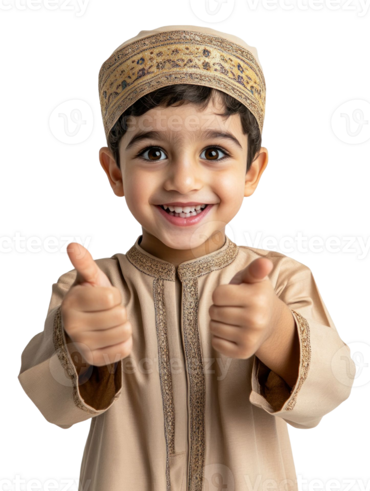 Happy Young Boy in Beige Traditional Outfit Giving Thumbs Up on Transparent Background png