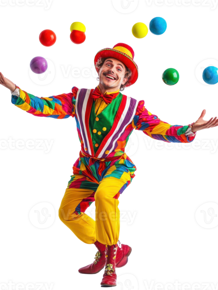 Joyful Clown Juggling Multicolored Balls Against Transparent Background in Vibrant Colors and Dynamic Action png