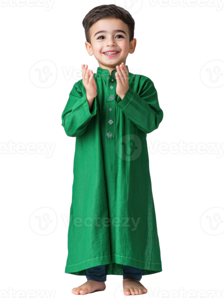 Joyful Young Boy in Green Ethnic Outfit Applauding with Hands and Isolated Transparent Background png