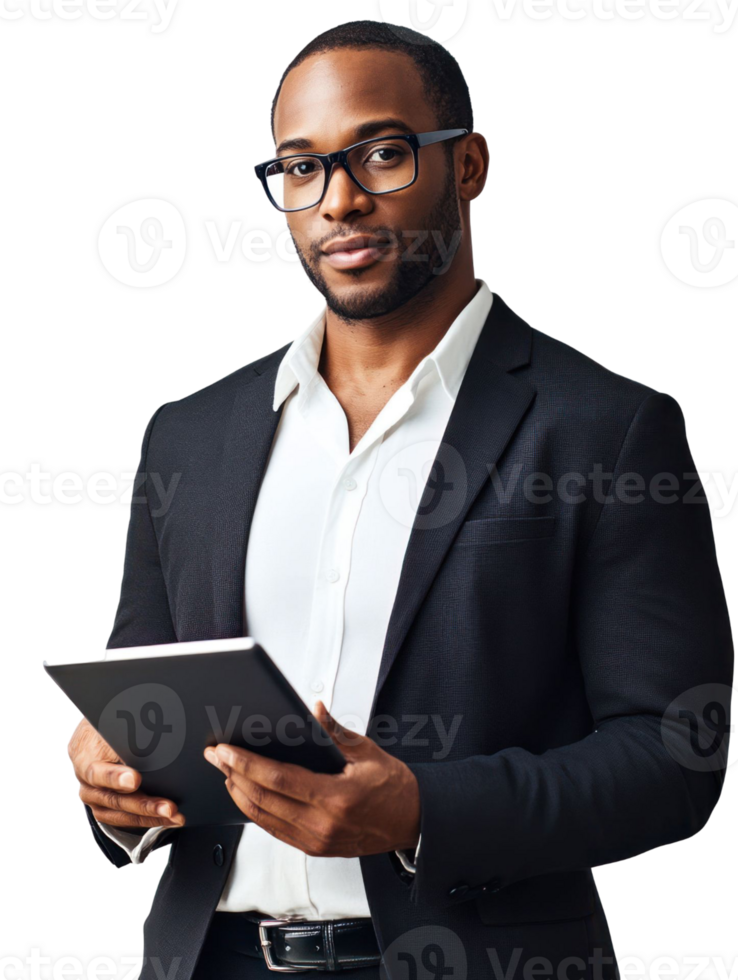 Handsome Black Man In Glasses Posing While Holding Tablet Device Against Transparent Background png