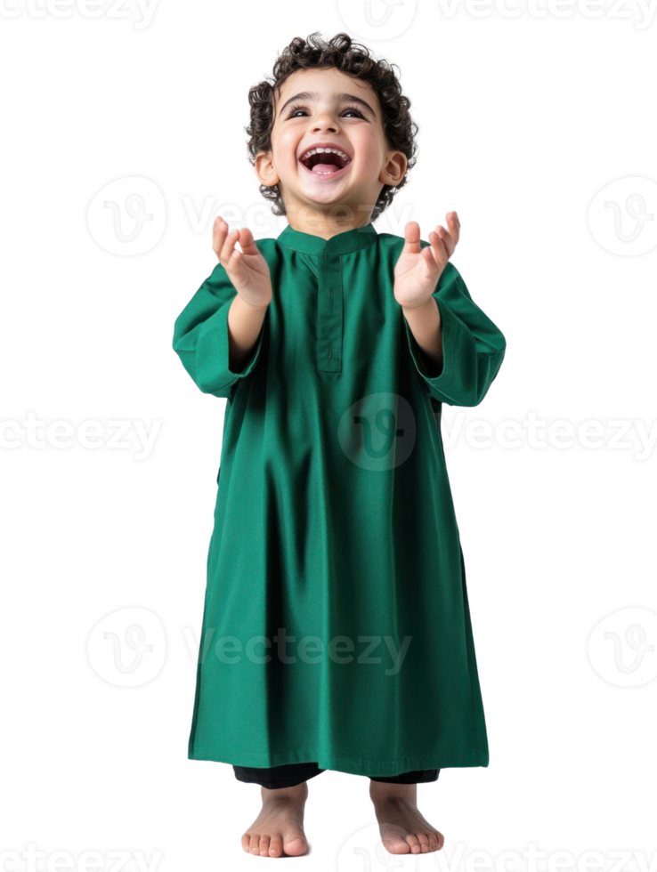 Joyful Young Boy in Green Traditional Outfit Applauding on Transparent Background with Open Mouth and Raised Hands png