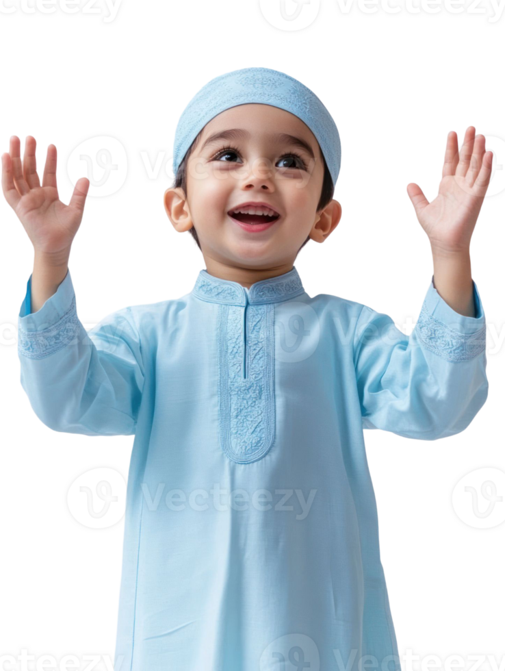 Joyful Young Boy in Light Blue Muslim Attire with Raised Arms and Smiling Expression on Transparent Background png