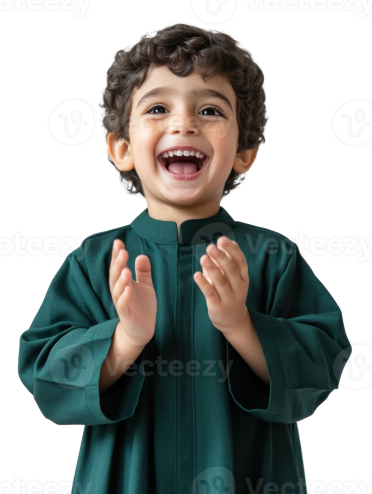 Joyful Young Boy Clapping Hands and Smiling in Dark Green Traditional Attire Against Transparent Background png