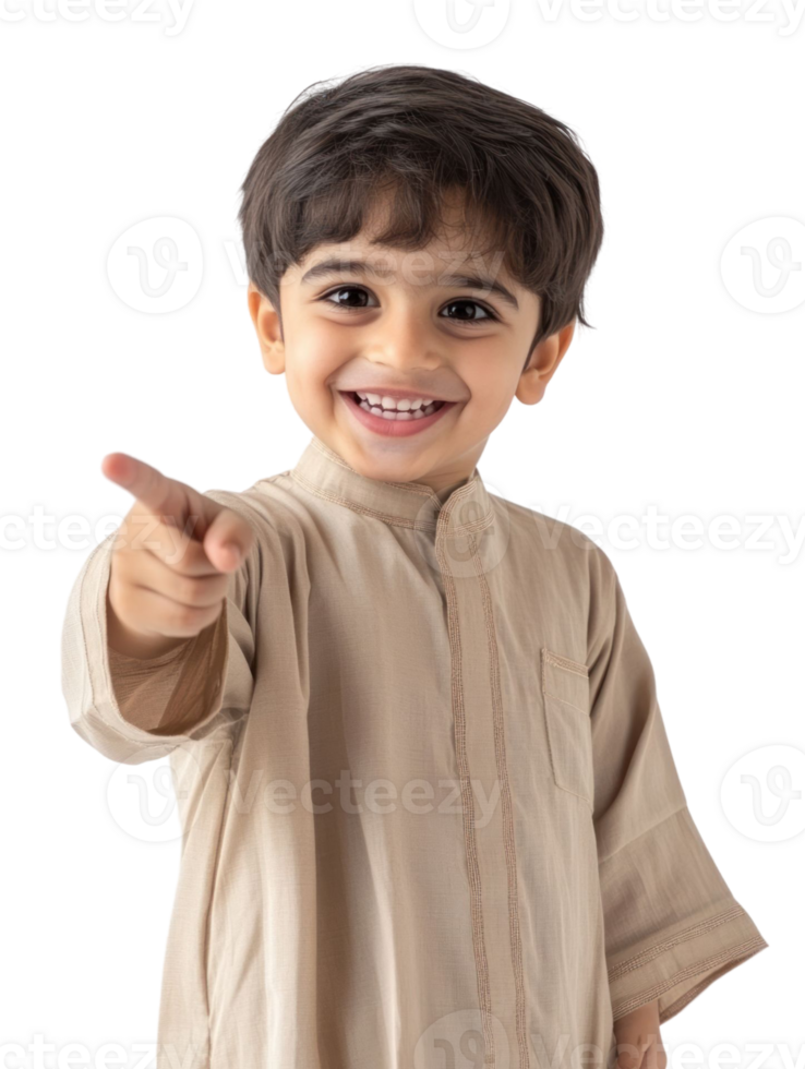 Joyful Young Boy in Traditional Attire Points Forward on Transparent Background png