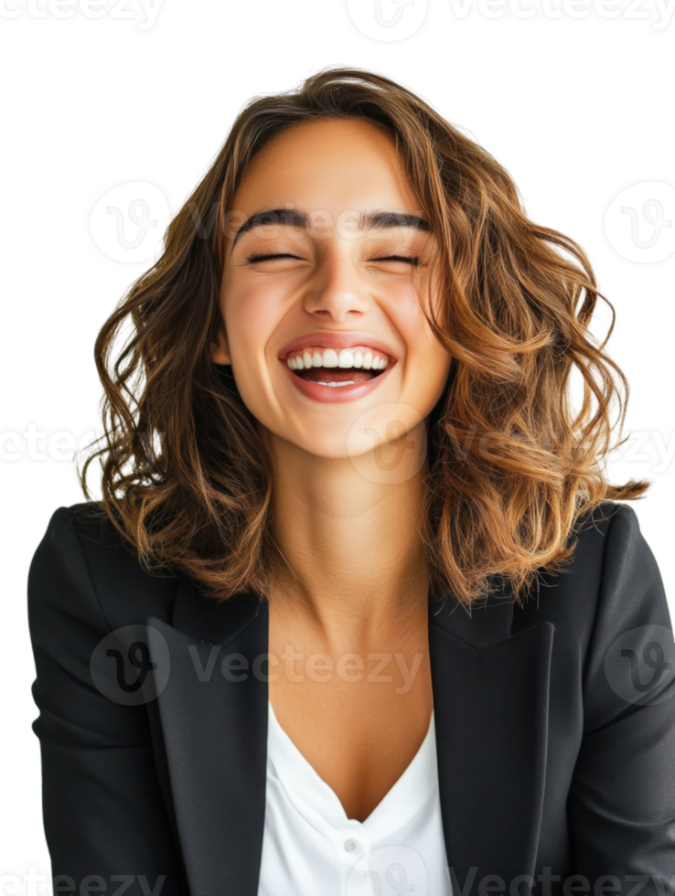 Joyful Portrait Of A Smiling Young Woman With Eyes Closed Wearing Black Suit Against Transparent Background png