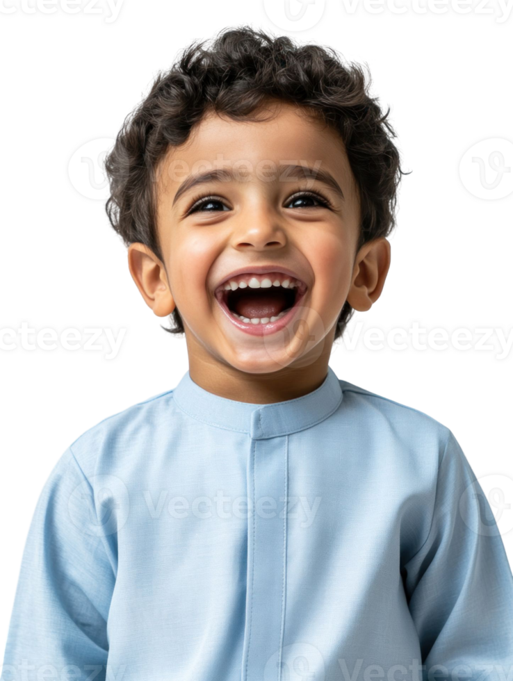 Joyful Portrait Of A Smiling Young Boy With Dark Curly Hair Wearing Light Blue Outfit Isolated On Transparent Background png