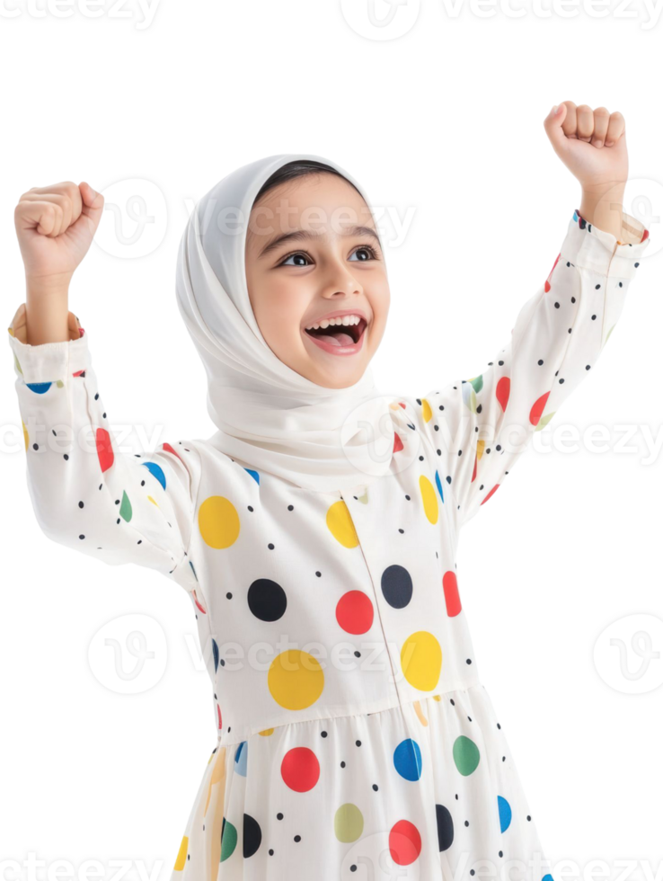 Joyful Young Girl In White Dress With Colorful Polka Dots Raises Arms In Celebration Isolated On Transparent Background png