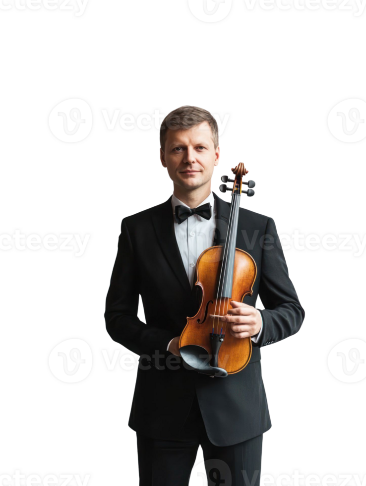 Man in Black Suit Holding Violin Isolated on Transparent Background Portrait png