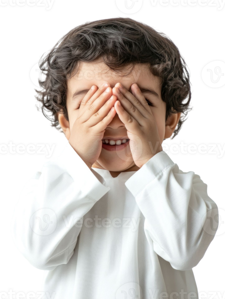Joyful Young Boy With Curly Dark Hair Covering Eyes With Hands And Smiling With Transparent Background png