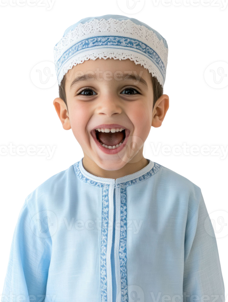 Joyful Young Boy In Traditional Blue And White Attire Smiling Open Mouth With Transparent Background png