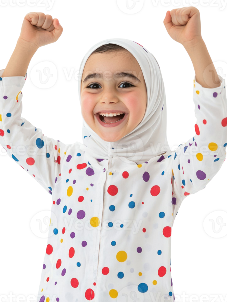 Joyful Young Girl With Raised Arms Smiling And Wearing A White Hijab Against Transparent Background png