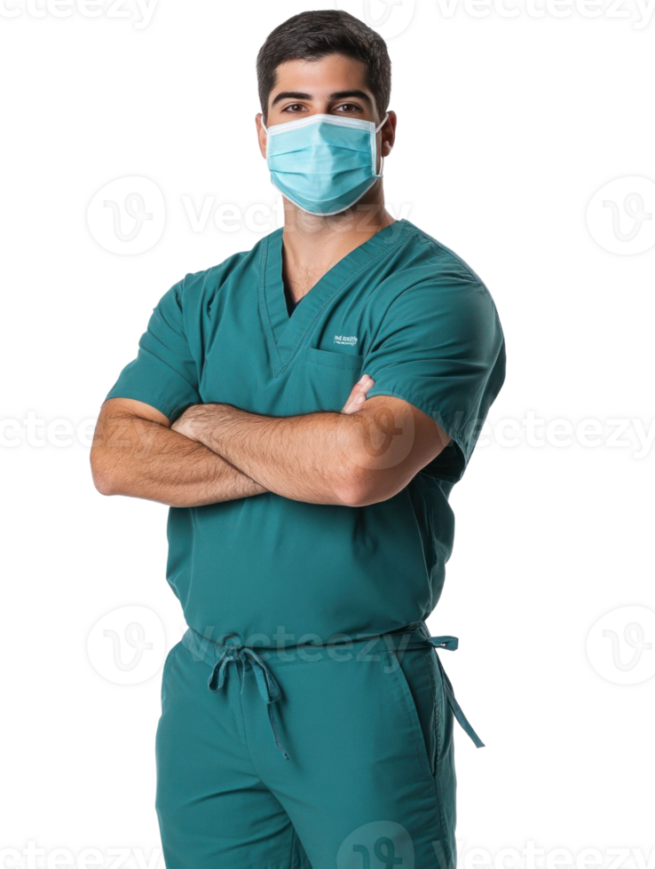Medical Professional In Teal Scrubs Wearing A Protective Face Mask Against Transparent Background png