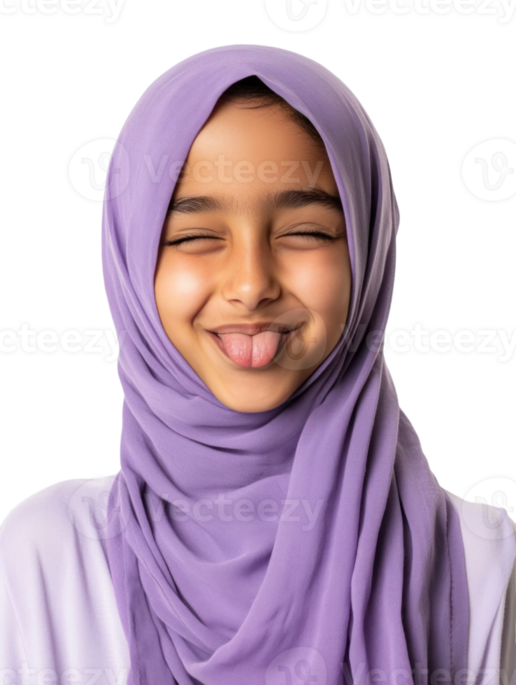 Joyful Young Girl Portrait With Tongue Out Wearing Purple Hijab And White Shirt Against A Transparent Background png