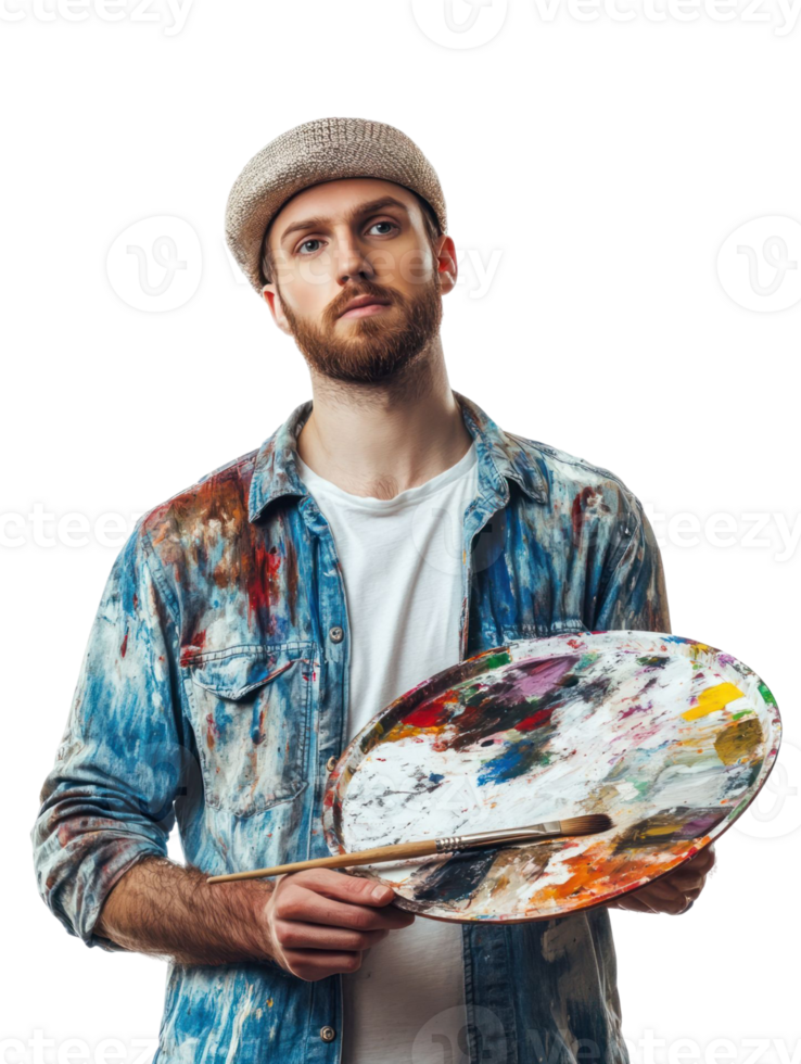 Male Artist Holding Paint Palette and Brush on Transparent Background in Studio Portrait with Denim Shirt png