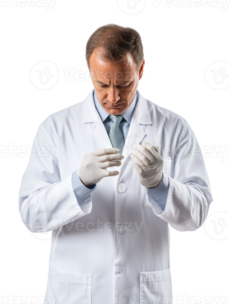 Medical Professional in White Coat Carefully Adjusting Protective Gloves with Transparent Backdrop png