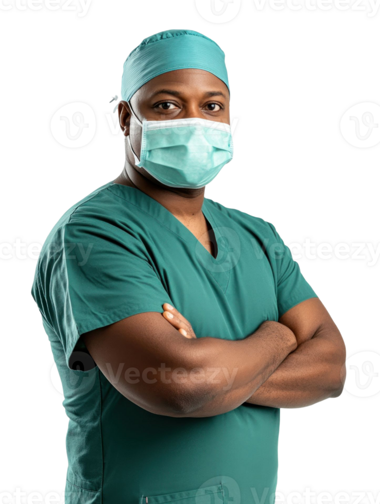 Portrait Of A Confident Medical Professional In Surgical Attire With Arms Crossed Against A Transparent Background png