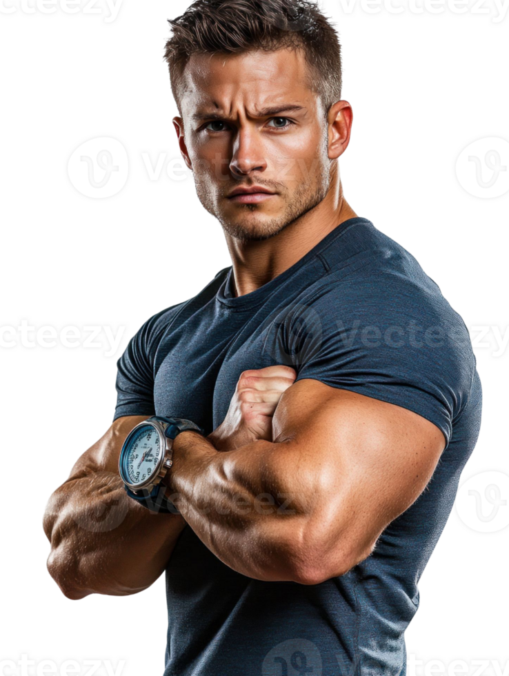Muscular Man in Blue Shirt with Crossed Arms Portrait on Transparent Background png