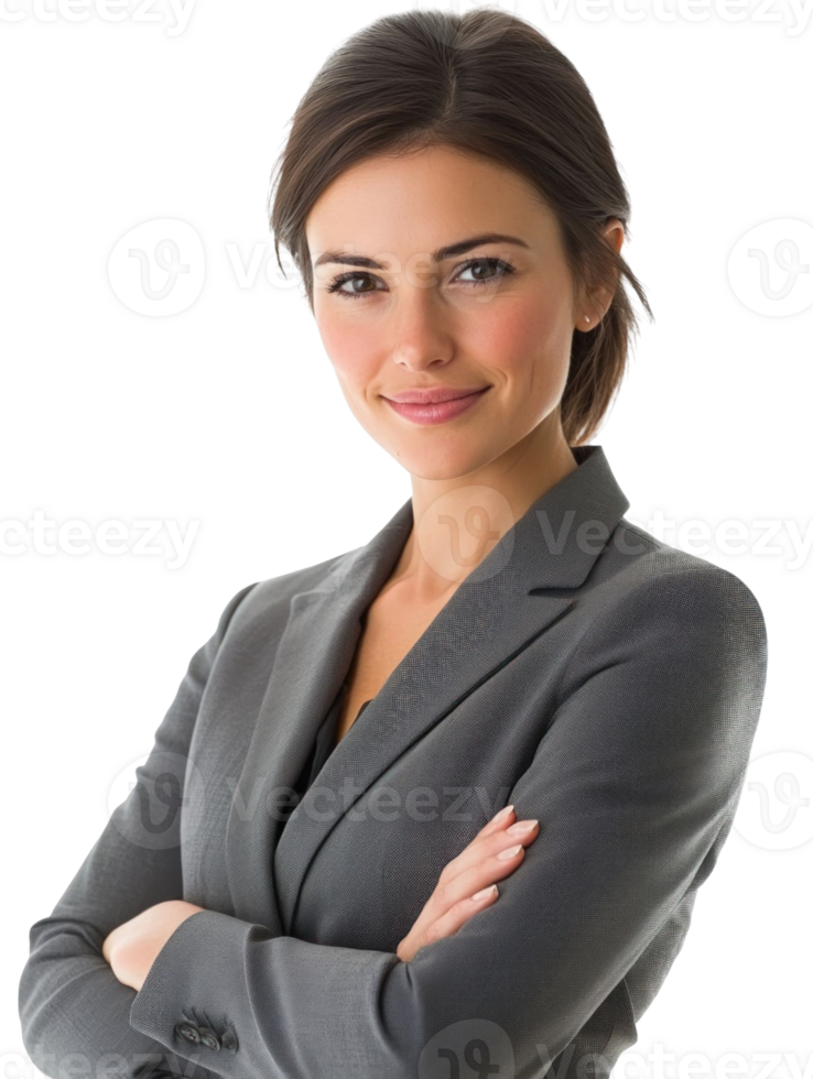 Portrait Of A Confident Woman In A Grey Suit With Arms Crossed Smiling With Positive Expression png